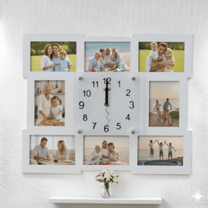 שעון קיר מעץ ל- 8 תמונות עם זכוכית | המחיר כולל את הדפסת התמונות
