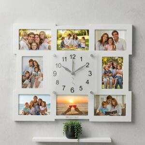 שעון קיר מעוצב מעץ עם 8 תמונות וזכוכית | המחיר כולל את הדפסת התמונות