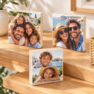 תמונת המחשה של בלוקי עץ ריבועיים 10×10 עם הדפסת תמונות משפחתיות וקולאז׳
