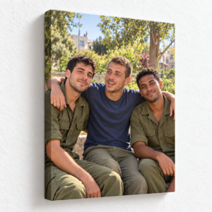 קנבס מלבני עם חברים בטבע, דופן גלויה וקיר לבן מחוספס עם צל טבעי