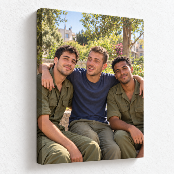 קנבס מלבני עם חברים בטבע, דופן גלויה וקיר לבן מחוספס עם צל טבעי