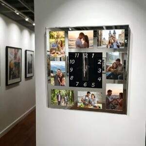 שעון קיר ענק מעוצב ל-8 תמונות | זכוכית מראה כסופה | המחיר כולל הדפסת תמונות