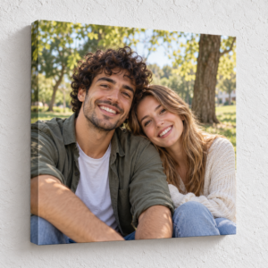 קנבס 40×40 — זוג בטבע — דופן קנבס עדינה וקיר טיח לבן בקובץ ריבועי