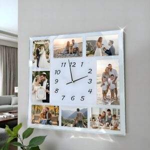 שעון קיר מעוצב | זכוכית מראה ל-8 תמונות המחיר כולל הדפסת תמונות