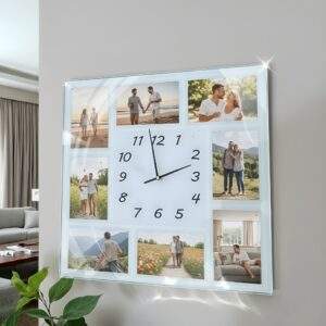 שעון קיר מעוצב | זכוכית מראה חלבית ל-8 תמונות המחיר כולל הדפסת תמונות