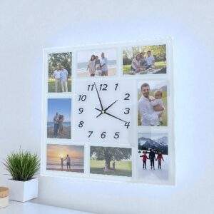 שעון קיר מעוצב | זכוכית מראה חלבית ל-8 תמונות המחיר כולל הדפסת תמונות