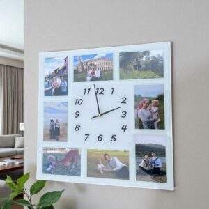 שעון קיר מעוצב | זכוכית מראה חלבית ל-8 תמונות המחיר כולל הדפסת תמונות