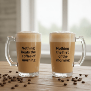 הדפסה על כוס זכוכית שקופה לקפה בעיצוב בירה