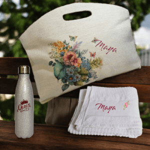 סט מתנה: בקבוק תרמי, תיק ים ומגבת רחצה בהדפסה אישית