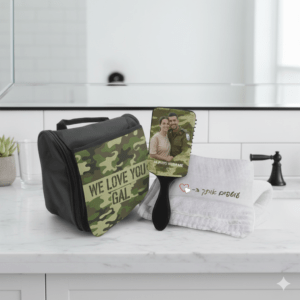 סט מתנה לחייל/ת מברשת שיער, מגבת רחצה, תיק רחצה ושק כביסה