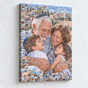 פסיפס משפחתי על קנבס 100×140 לאורך, גוונים רכים ותמונות קטנות נראות גם על הפנים, על בטון לבן מחוספס