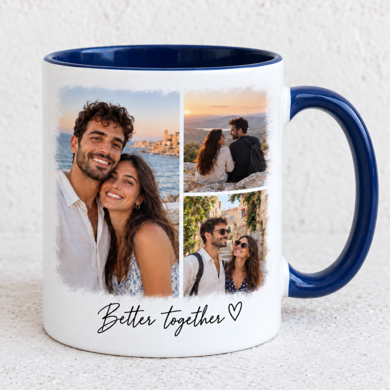ספל כחול כהה עם קולאז׳ זוגי והכיתוב Better together