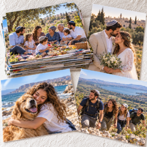 חבילת הדפסת תמונות 20×30 ס״מ עם רגעים משפחתיים על נייר צילום, רקע לבן מחוספס