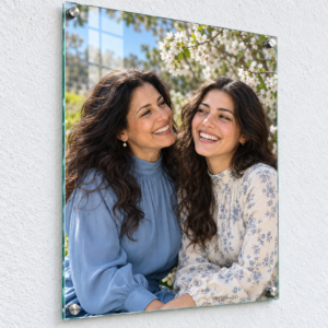 הדפסה על זכוכית 60×85 לאורך עם תמונת אם ובת, קצה זכוכית וארבעה ספייסרים על קיר לבן מחוספס
