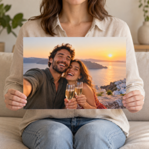 הדפסת תמונה בגודל 25×35 ס״מ על נייר צילום ללא מסגרת, עם ידיים או גוף להמחשת הגודל