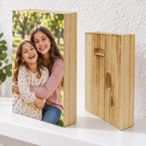 פוטו בלוק עץ 13×18 ס״מ עם שתי אחיות ומבט גב עם חריצי תלייה