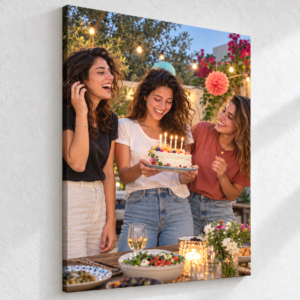 קנבס 100×140 — חברות חוגגות יום הולדת על קיר בטון לבן מחוספס עם דופן והצללה טבעית