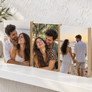 שלושה בלוקי עץ 13×18 ס״מ עם שלוש תמונות טבעיות של זוג