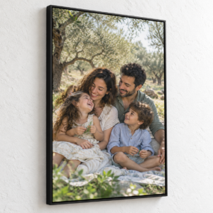 קנבס מלבני 60×90 במסגרת מרחפת שחורה עם צילום משפחתי טבעי, דופן גלויה וקיר לבן מחוספס