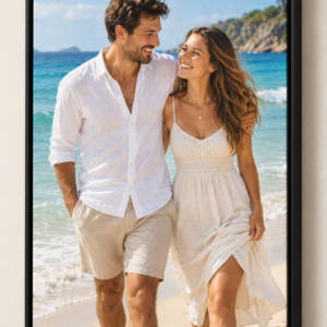 הדפסה אישית על קנבס מלבני 40×60 עם מסגרת מרחפת שחורה ותמונת זוג בחוף