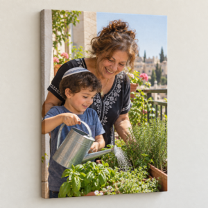 הדפסה על קנבס 20×30 ס״מ ללא מסגרת חיצונית עם תמונה בודדת של סבתא ונכד במרפסת