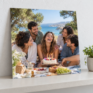 הדפסת תמונה ריבועית 40×40 ס״מ על נייר צילום ללא מסגרת, חברים חוגגים יום הולדת ליד הים