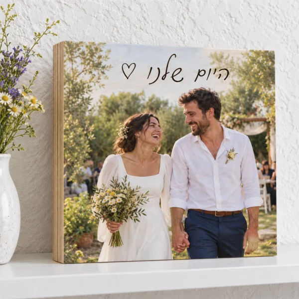 בלוק עץ בירץ׳ 20×20 ס״מ עם תמונת חתונה בהדפסה עד הקצה והכיתוב היום שלנו ולב חלול