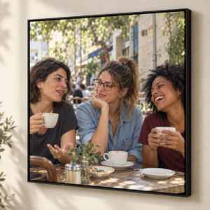 קנבס עם מסגרת מרחפת שחורה — חברות בבית קפה