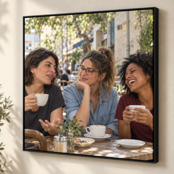 קנבס עם מסגרת מרחפת שחורה — חברות בבית קפה