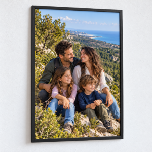 הדפסת תמונה לאורך 40×60 ס״מ עם משפחה בטיול בכרמל, מסגרת שחורה תלויה על קיר לבן מחוספס
