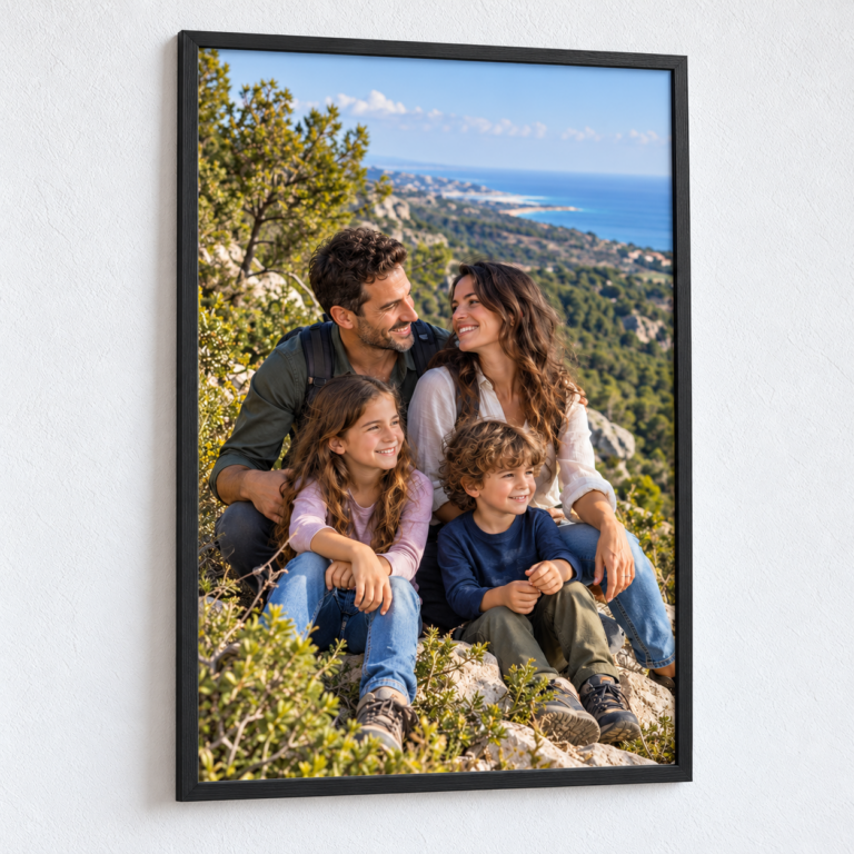 הדפסת תמונה לאורך 40×60 ס״מ עם משפחה בטיול בכרמל, מסגרת שחורה תלויה על קיר לבן מחוספס