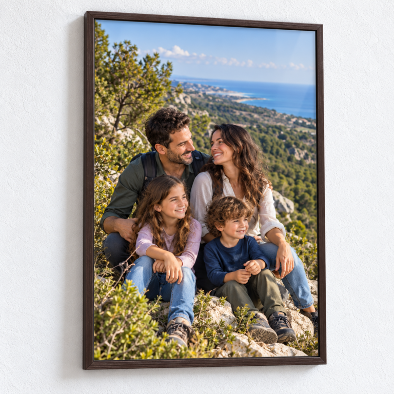 הדפסת תמונה לאורך 40×60 ס״מ עם משפחה בטיול בכרמל, מסגרת חום וונגה תלויה על קיר לבן מחוספס