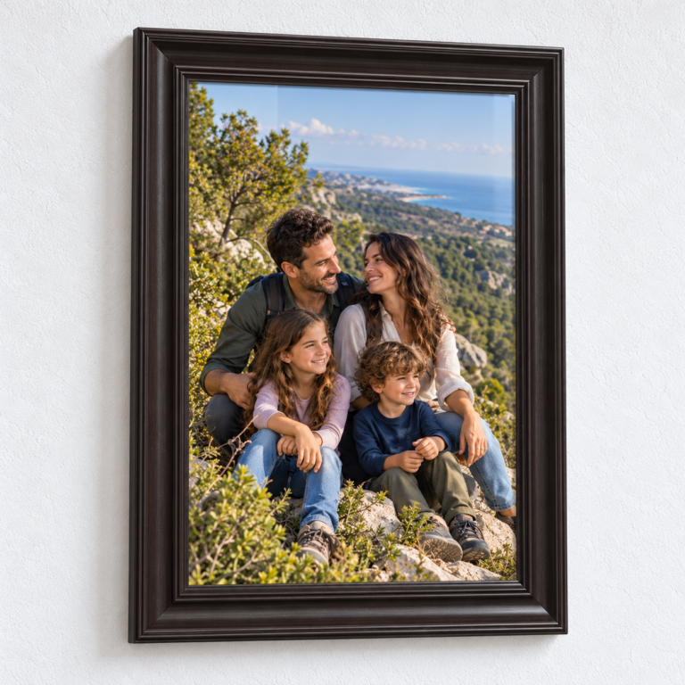 הדפסת תמונה לאורך 40×60 ס״מ עם משפחה בטיול בכרמל, מסגרת חום וונגה עבה תלויה על קיר לבן מחוספס