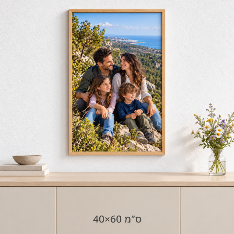 תמונה 40×60 ס״מ במסגרת עץ טבעי תלויה על הקיר מעל קונסולה להמחשת הגודל