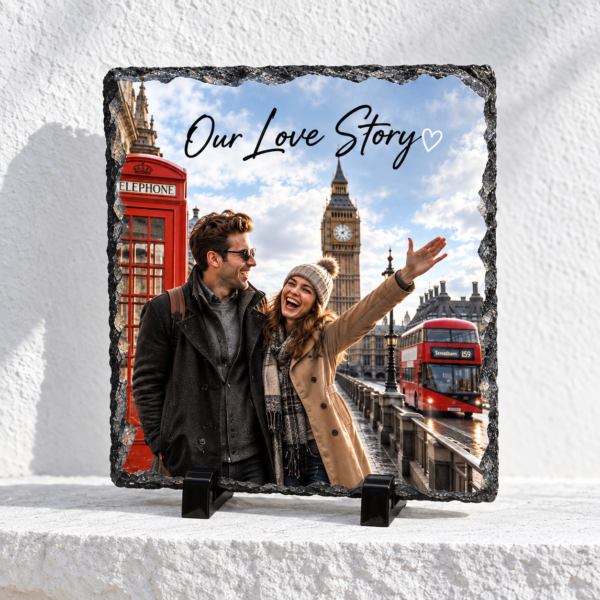 אבן בזלת לאורך עם זוג בלונדון והכיתוב Our Love Story ולב חלול לבן, מעמדים שחורים וקיר לבן מחוספס