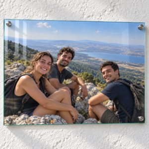 הדפסה על זכוכית 40X30 ס״מ לרוחב — חברים בטיול 40x30 לרוחב על זכוכית מבריקה עם השתקפות עדינה וספייסרים