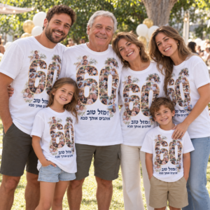 משפחה בשלושה דורות בחולצות טריקו לבנות עם קולאז׳ תמונות בצורת 60 והקדשה לסבא — הדמיה