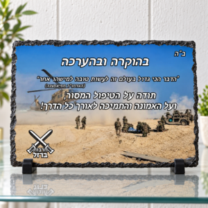 מגן הוקרה אבן בזלת לחיילים בעיצוב חילוץ ורפואה, על מעמדים שחורים ומדף זכוכית, ללא שמות אישיים