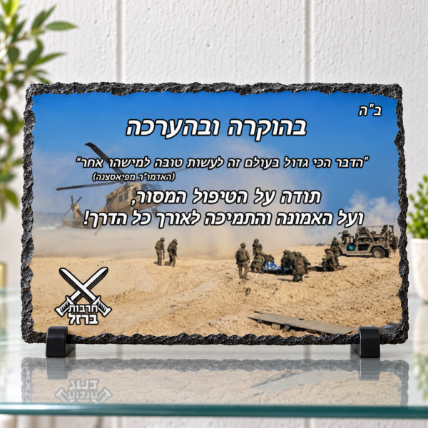מגן הוקרה אבן בזלת לחיילים בעיצוב חילוץ ורפואה, על מעמדים שחורים ומדף זכוכית, ללא שמות אישיים