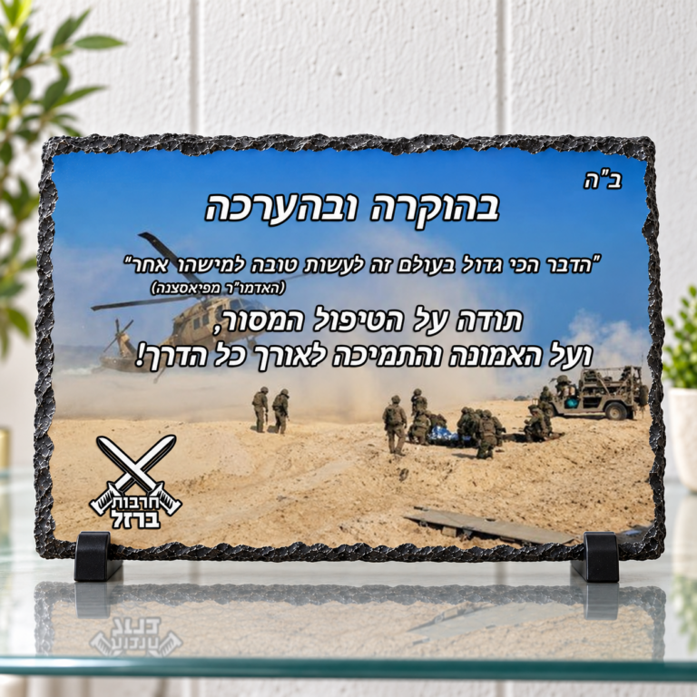 מגן הוקרה אבן בזלת לחיילים בעיצוב חילוץ ורפואה, על מעמדים שחורים ומדף זכוכית, ללא שמות אישיים