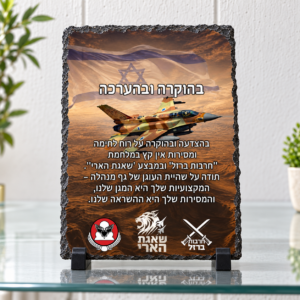 מגן הוקרה אבן בזלת לחיילים בעיצוב אישי על מעמדים שחורים ומדף זכוכית