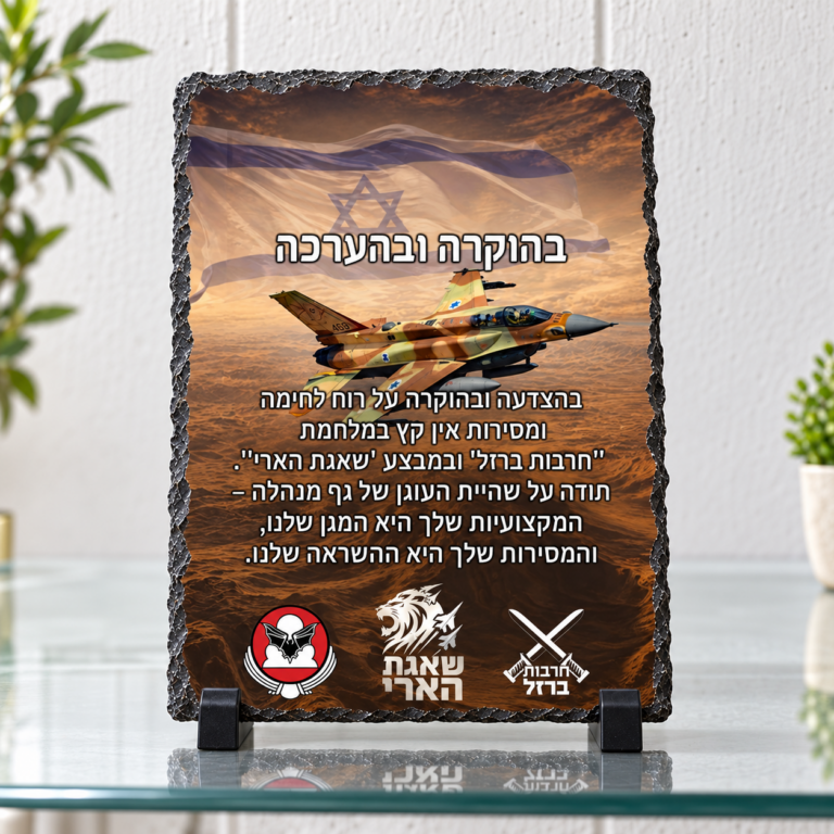 מגן הוקרה אבן בזלת לחיילים בעיצוב אישי על מעמדים שחורים ומדף זכוכית