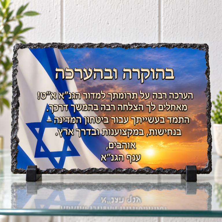 מגן הוקרה אבן בזלת לחיילים בעיצוב אישי על מעמדים שחורים ומדף זכוכית