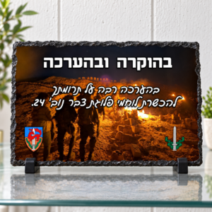 מגן הוקרה אבן בזלת לחיילים בעיצוב אישי על מעמדים שחורים ומדף זכוכית