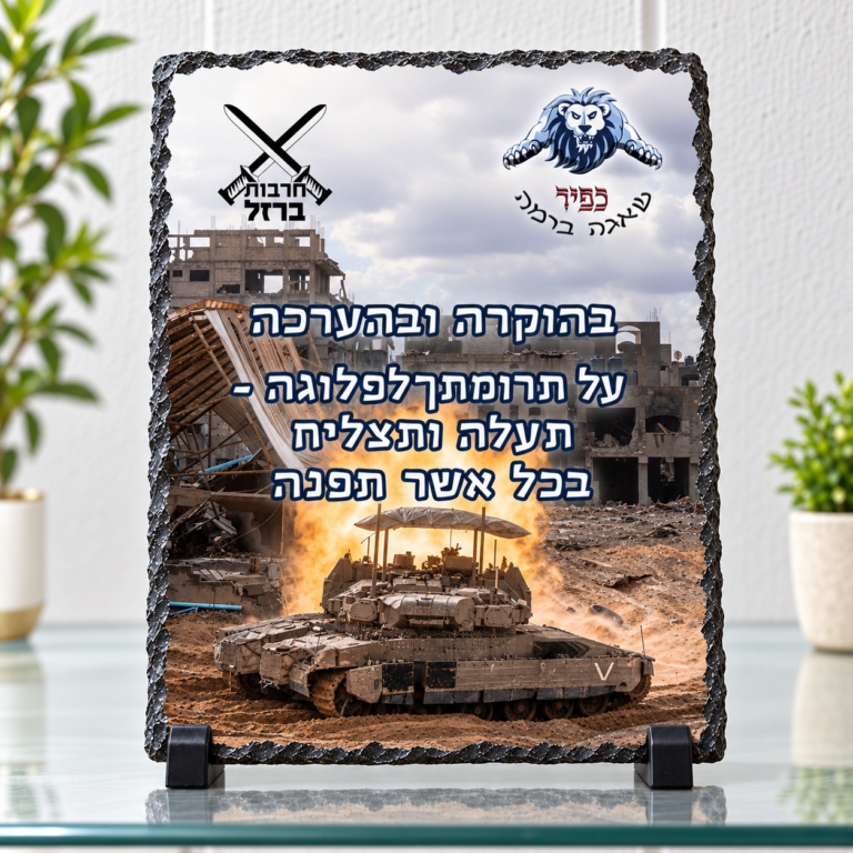 מגן הוקרה אבן בזלת לחיילים בעיצוב אישי על מעמדים שחורים ומדף זכוכית