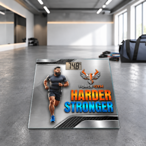 משקל זכוכית עם ספורטאי וכיתוב HARDER STRONGER וצג בקילוגרמים